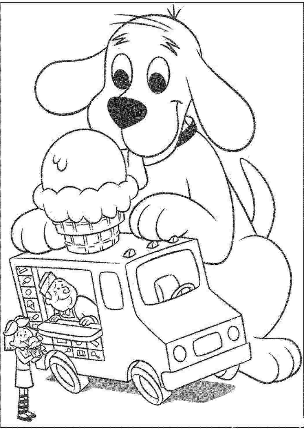 Раскраски, Собак играется с машиной ророженного, домашние животные машина  для мороженного.