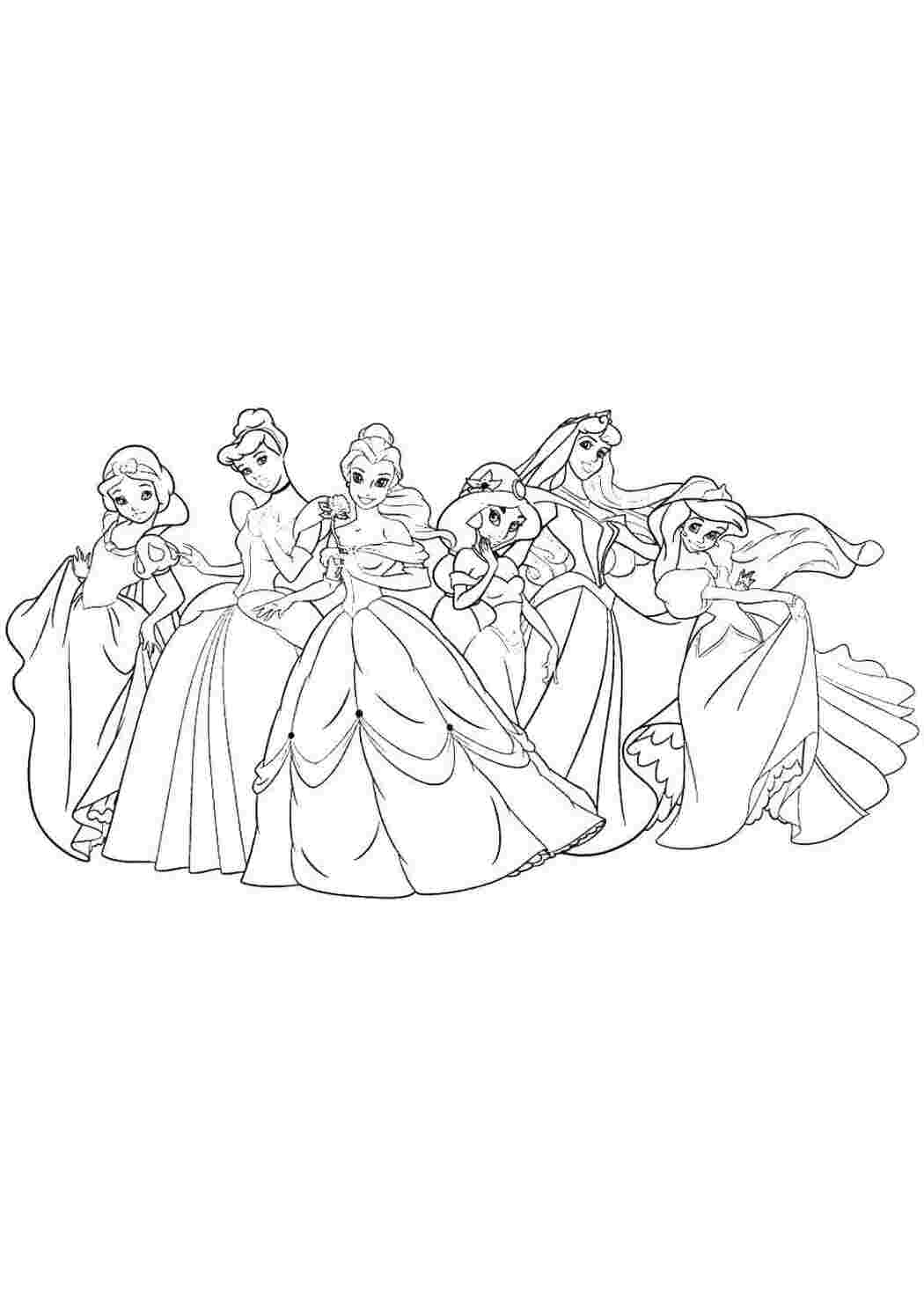 Раскраски Принцессы диснея в пышных платьях Принцессы принцессы, мультфильмы, сказки, Дисней