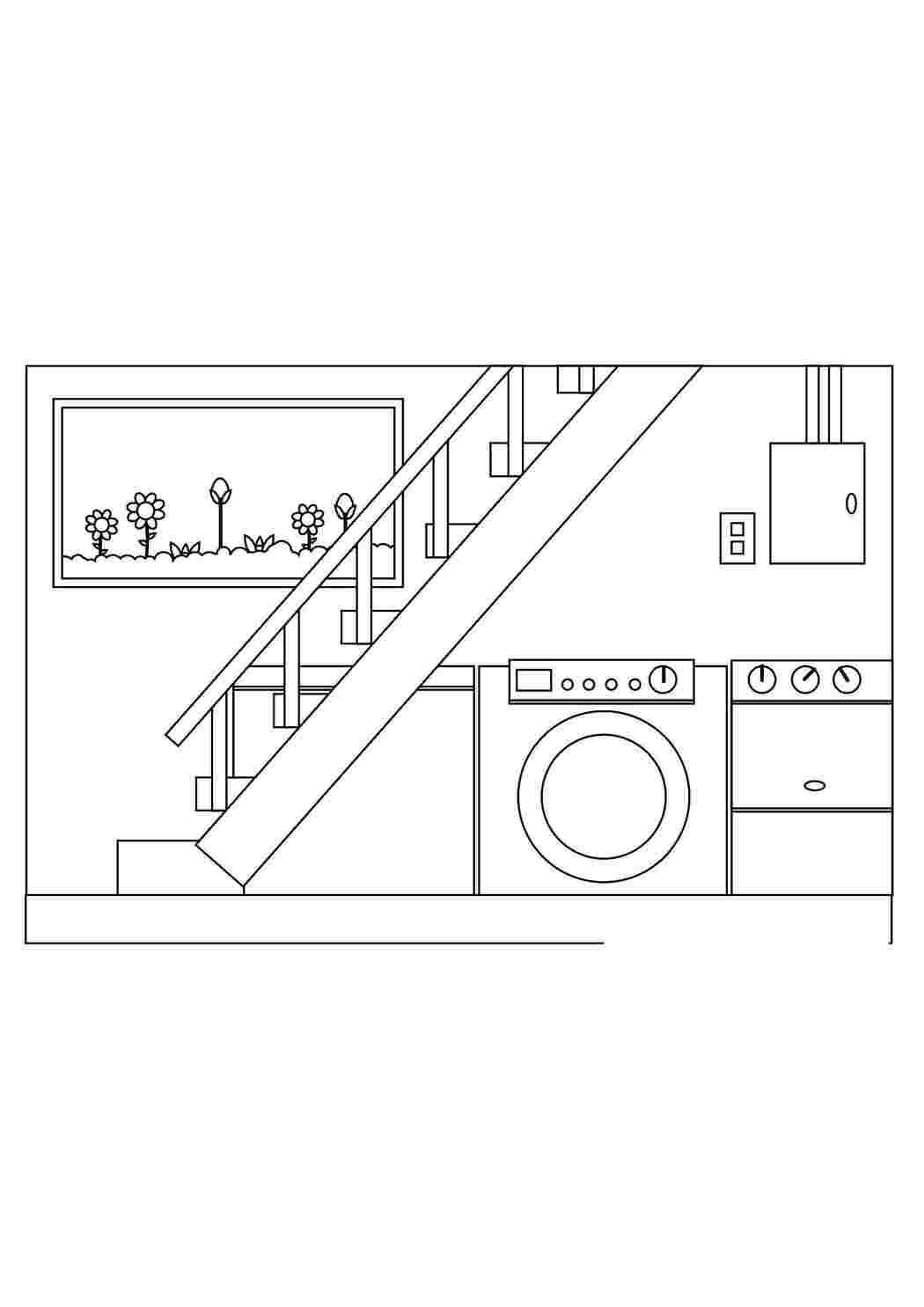 Раскраски Стиральная машина под лестницей Раскраски дом стиральная машина, стирка