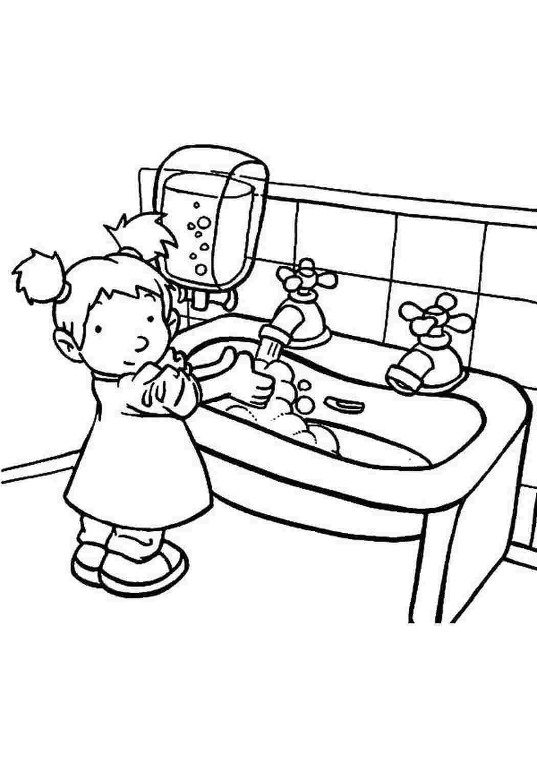 Раскраска Мальчик моет руки, борется с коронавирусом