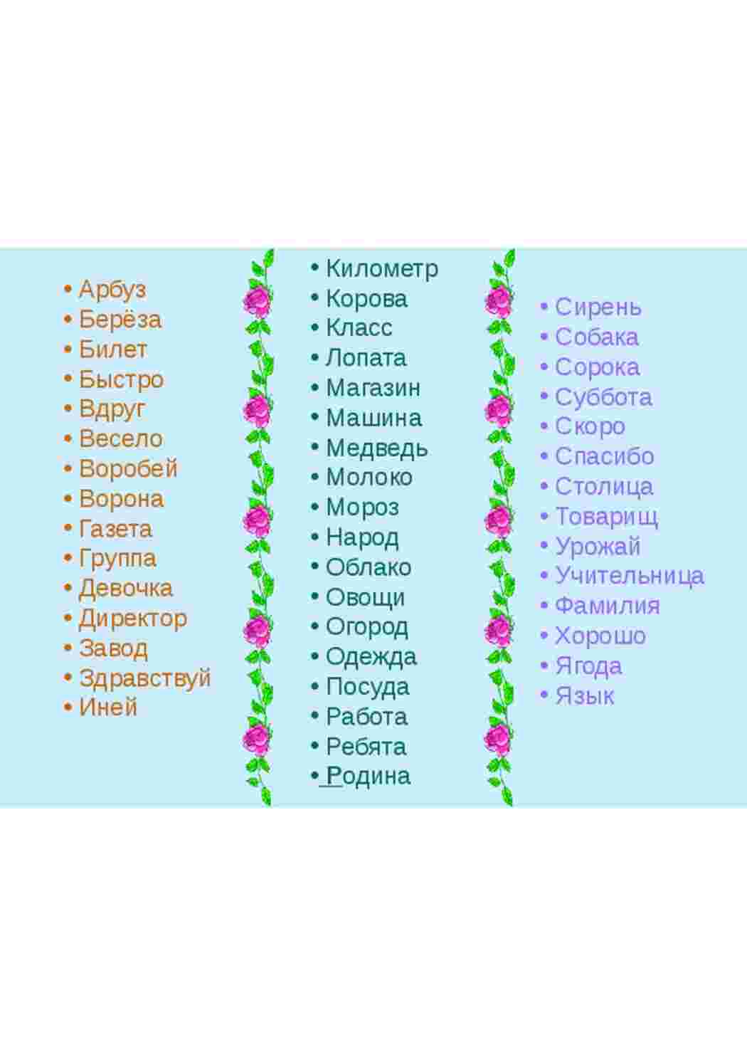 Раскраски Словарные слова русский язык  Словарные слова русский язык