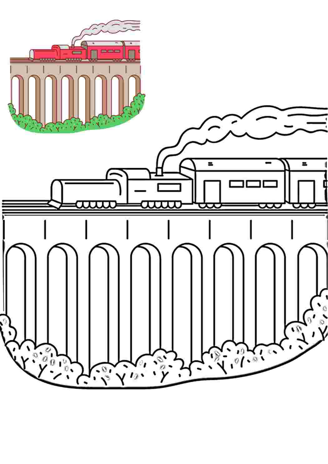 Поезд едет по мосту - раскраска с образцом разукрашивания Раскраски скачать и распечатать бесплатно.