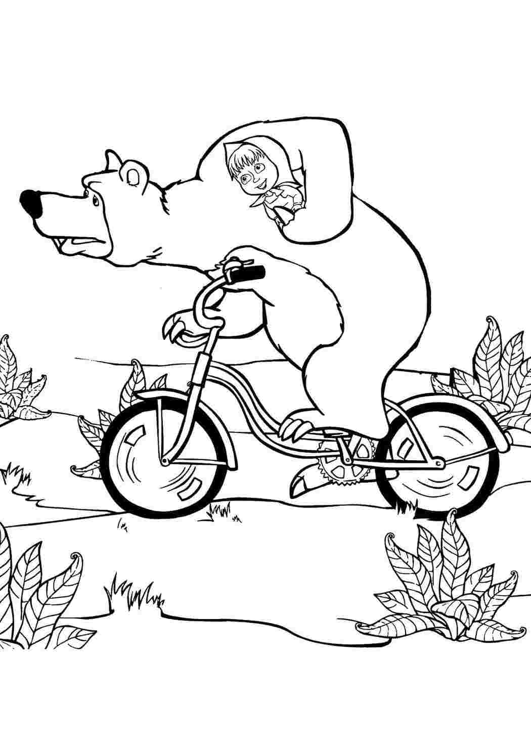 Раскраски Миша  везет машу  на велосипеде маша и медведь Маша, Медведь