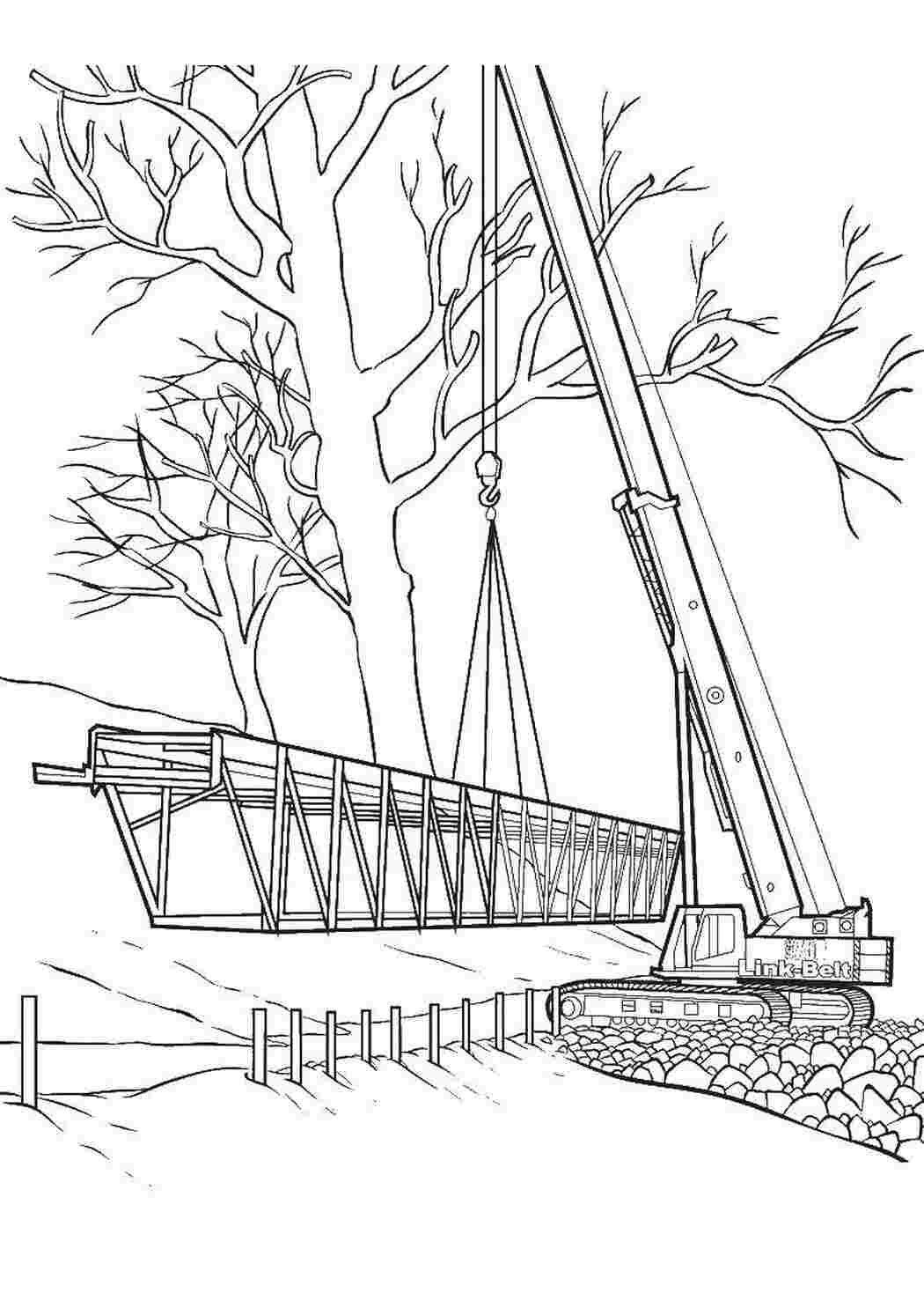 Раскраски Строительный кран с мостом Строительный кран Строительный кран, мост