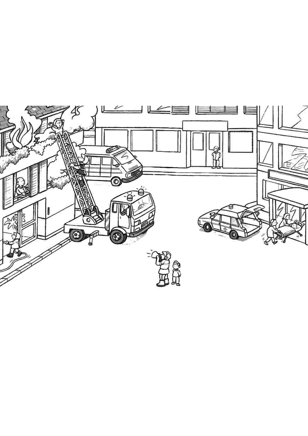 Раскраски Пожарные помогают людям раскраска пожарный пожар, дети, спички, дым, животные