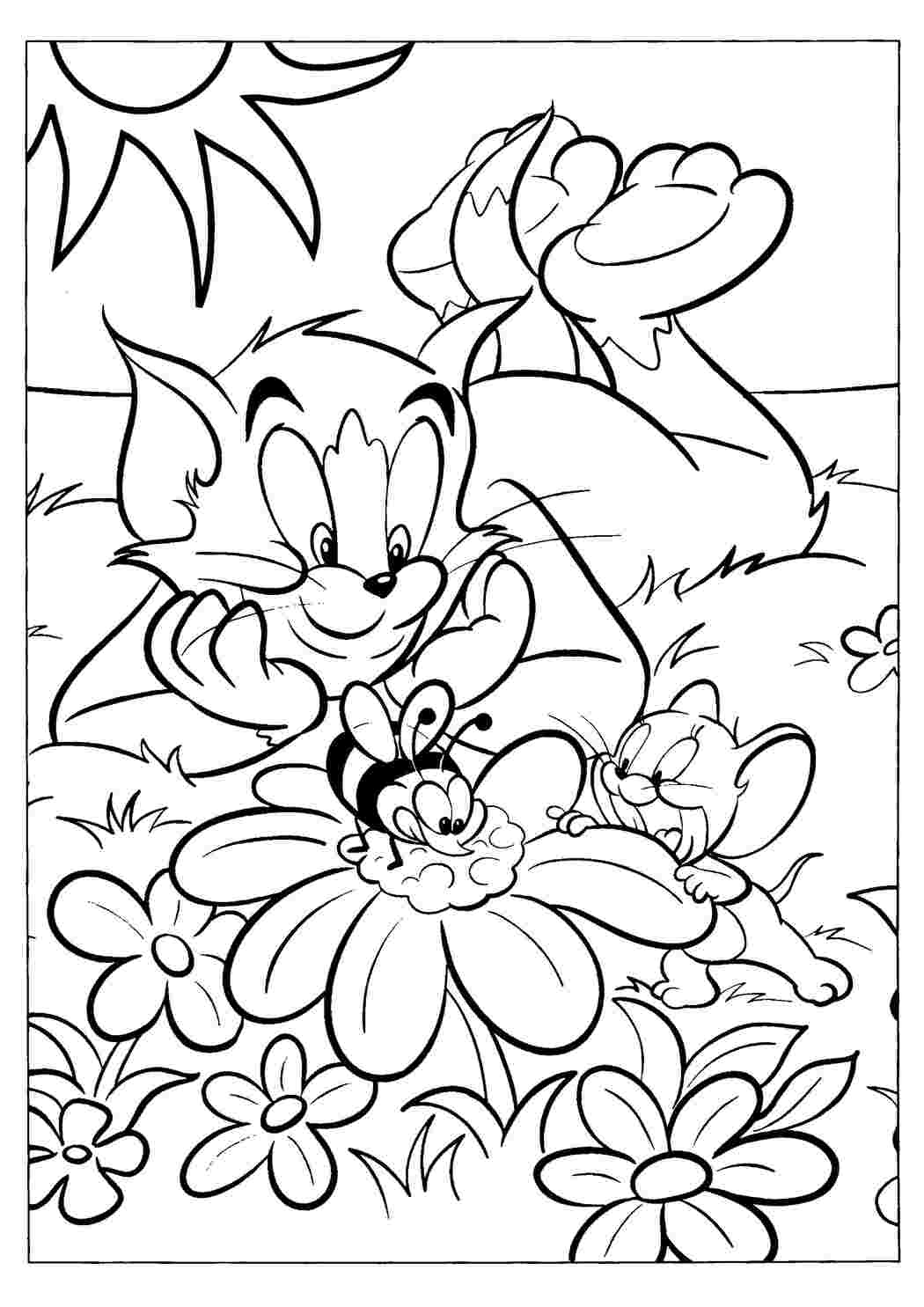 Раскраски картинки на рабочий стол онлайн Кот и мышка на лужайке из мультфильма том и джерри, пчелка на цветке Распечатать раскраски для мальчиков