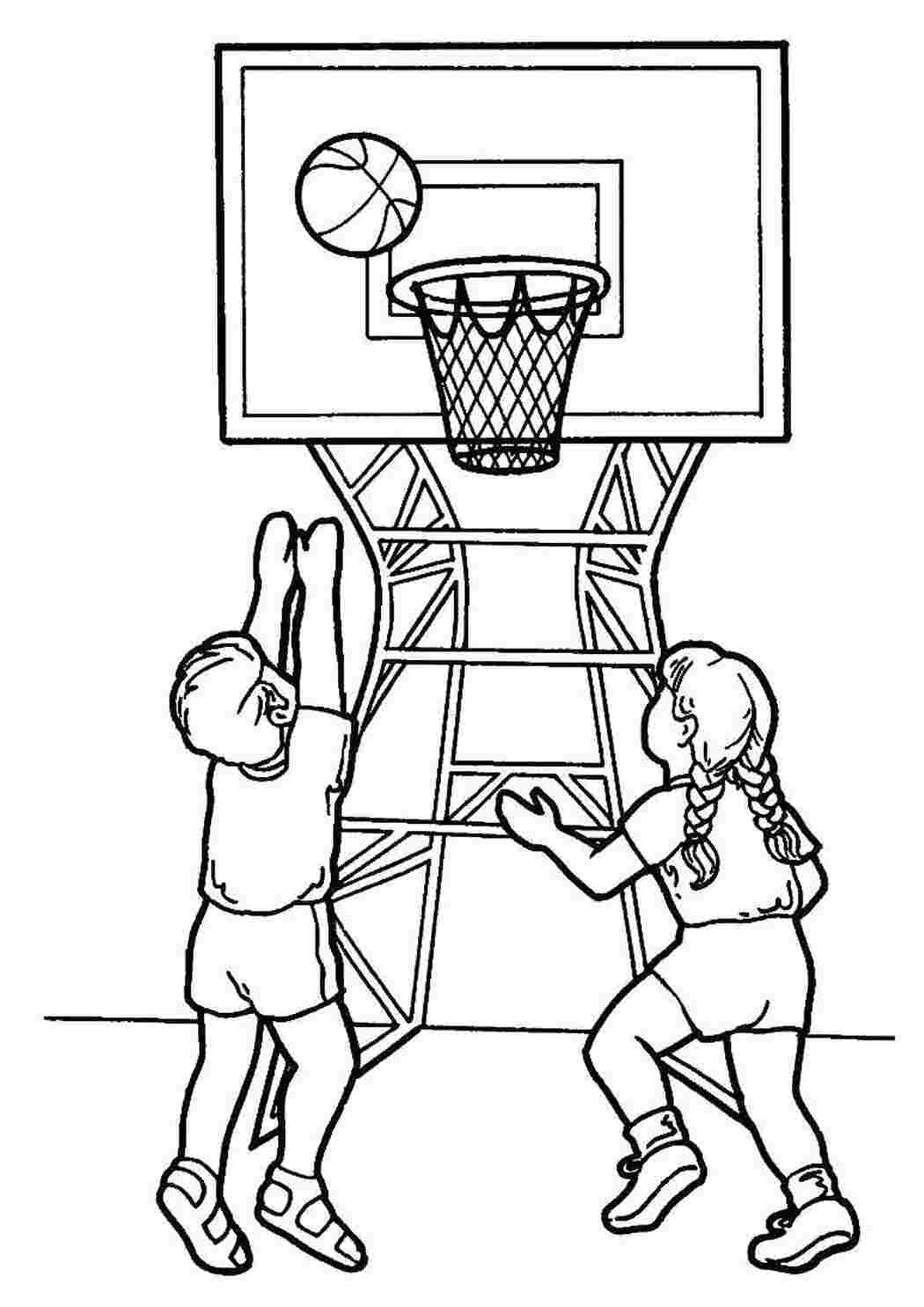Раскраски Дети играют в баскетбол Спорт Спорт, баскетбол, мяч, игра