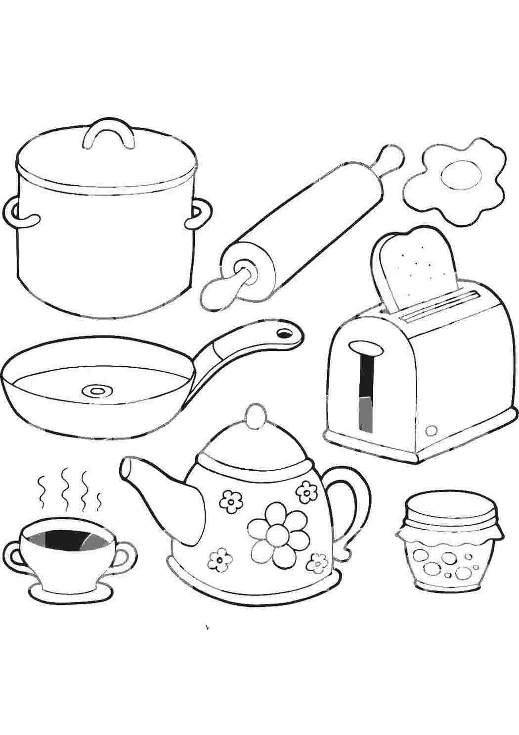 Раскраски Предметы кухни Кухня кухня, еда, чай, тосты, посуда