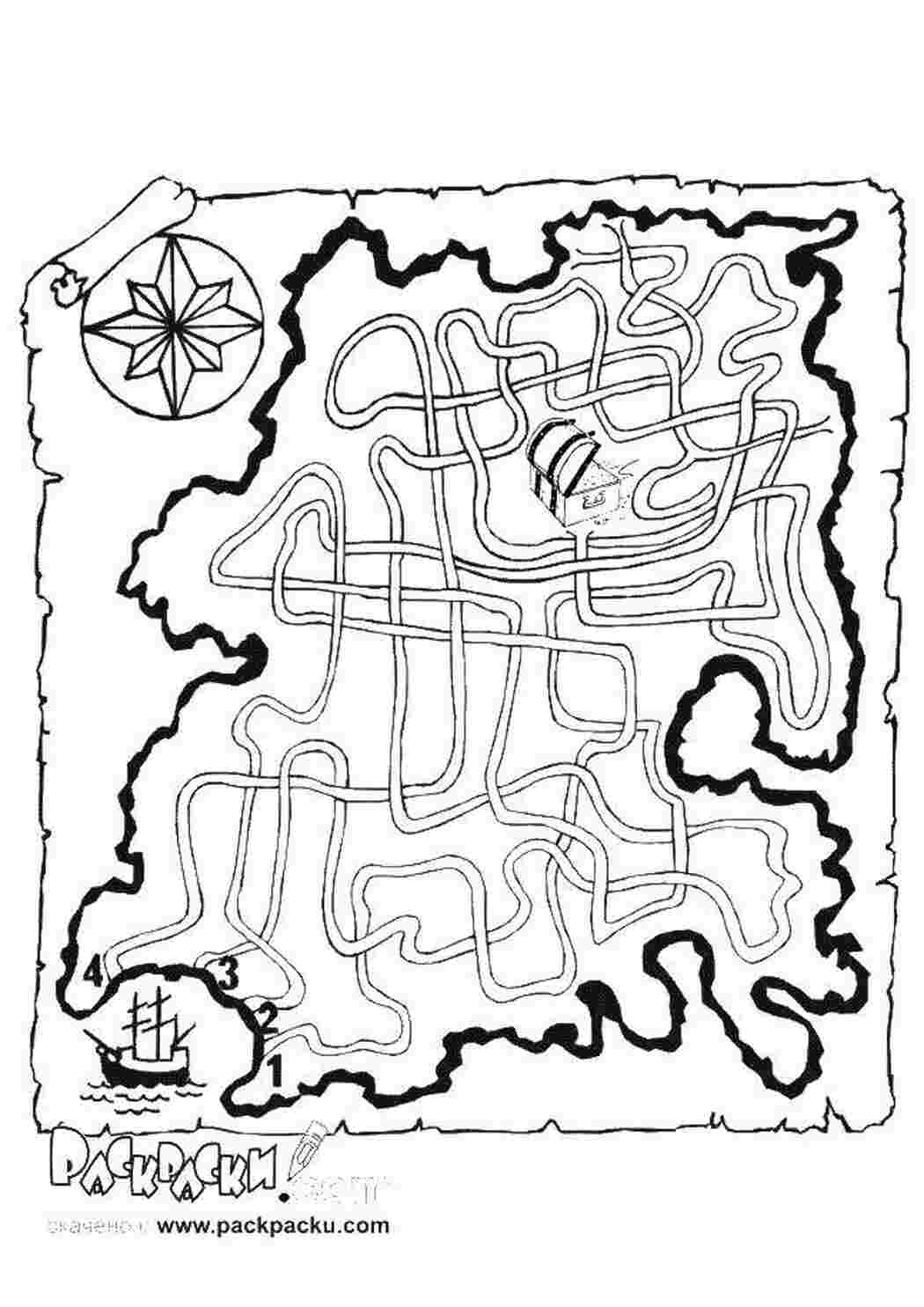 Раскраски Пиратская карта лабиринт лабиринты, карты