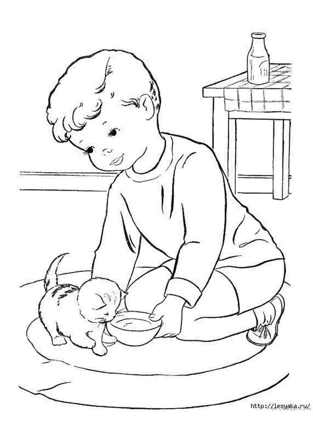 Раскраски Мальчик с котенком котики мальчик, котенок, молоко, миска