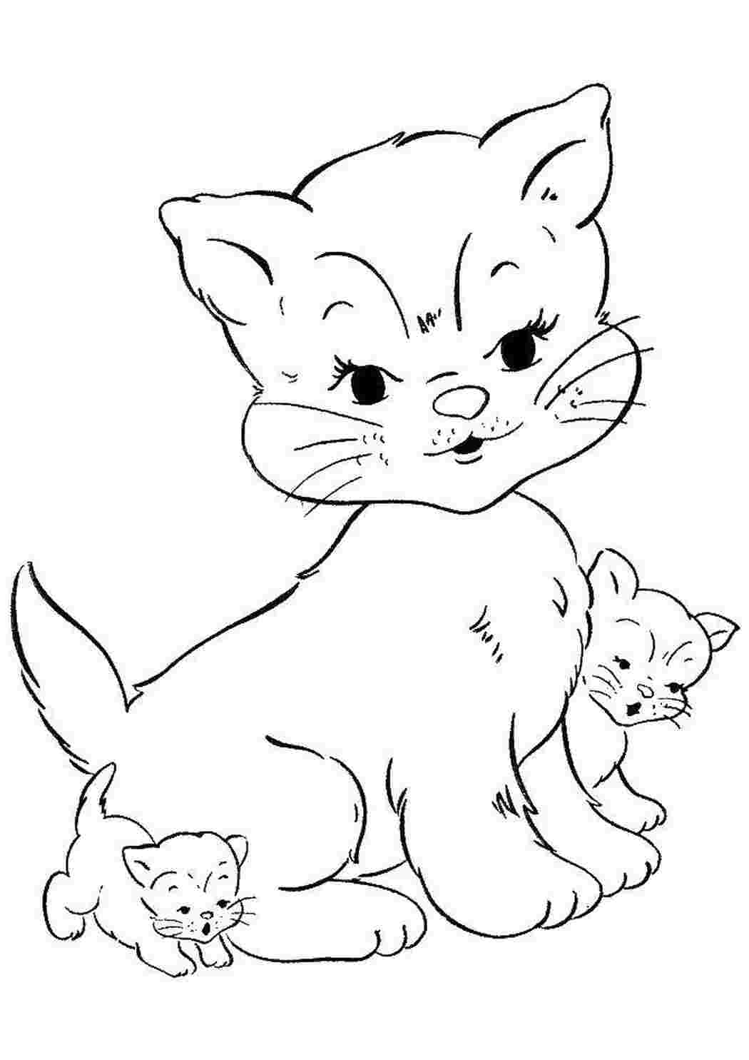 Раскраски Кошка мама с котятами Коты и котята кошка, кот