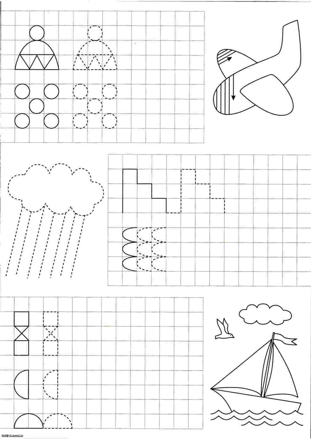 Раскраски Туча, самолет, кораблик Графический диктант задачи по клеточкам