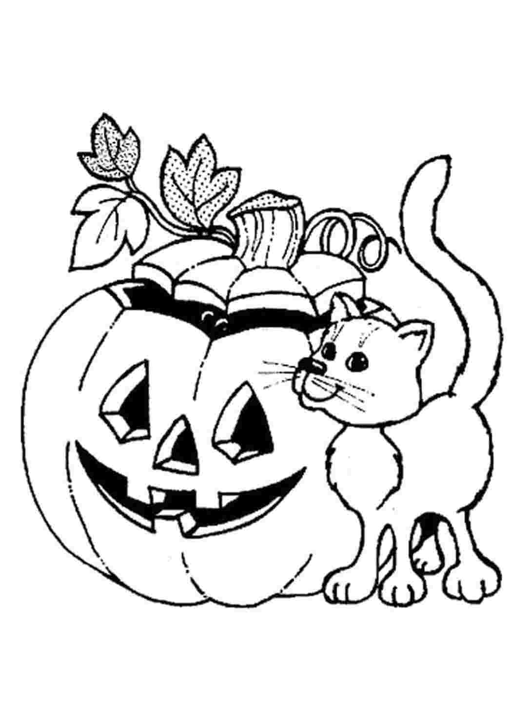 Раскраски Раскраски на Хэллоуин. кот около тыквы Хэллоуин тыква на хэллоуин