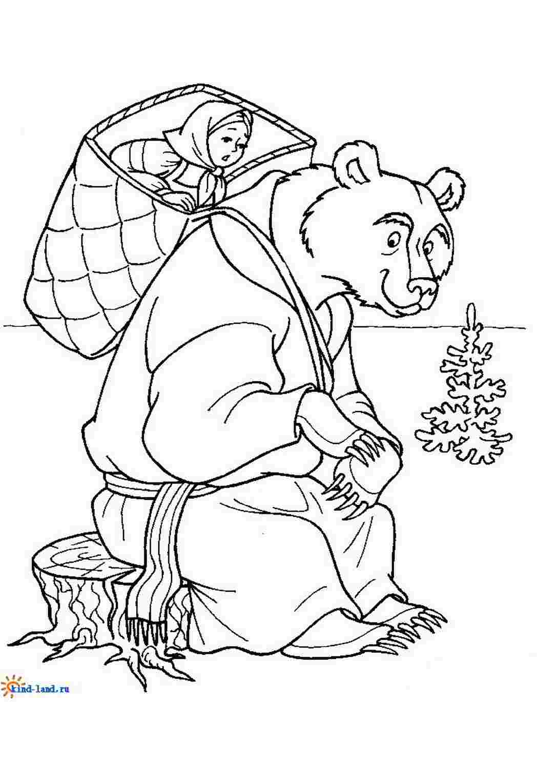 Раскраски Медведь сидит на пеньке маша в корзине пенек ель Раскраски раскраски для детей по сказкам 