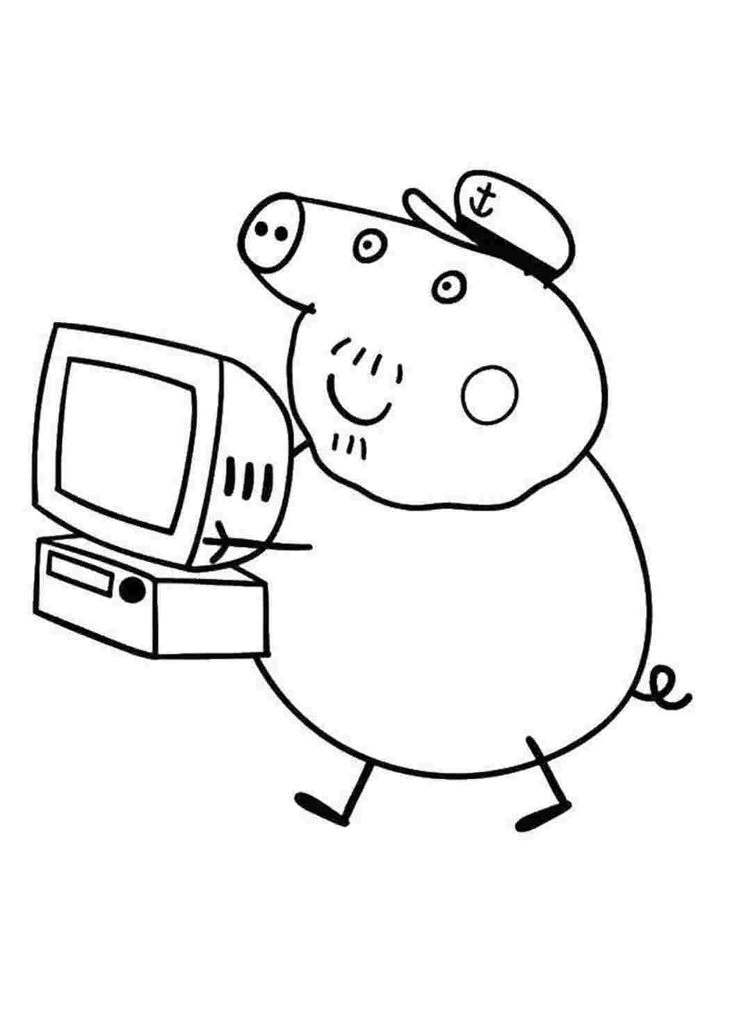 Раскраски Папа свин и компьютер Свинка Пеппа папа, свинья, компьютер