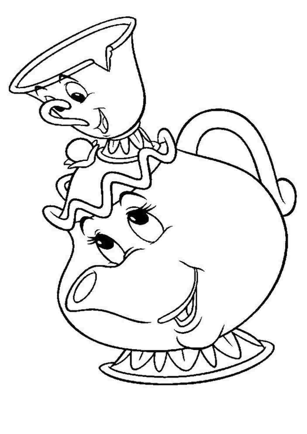 Раскраски Раскраски из мультфильма Красавица и чудовище для детей  Чайник и кружечка из мультика