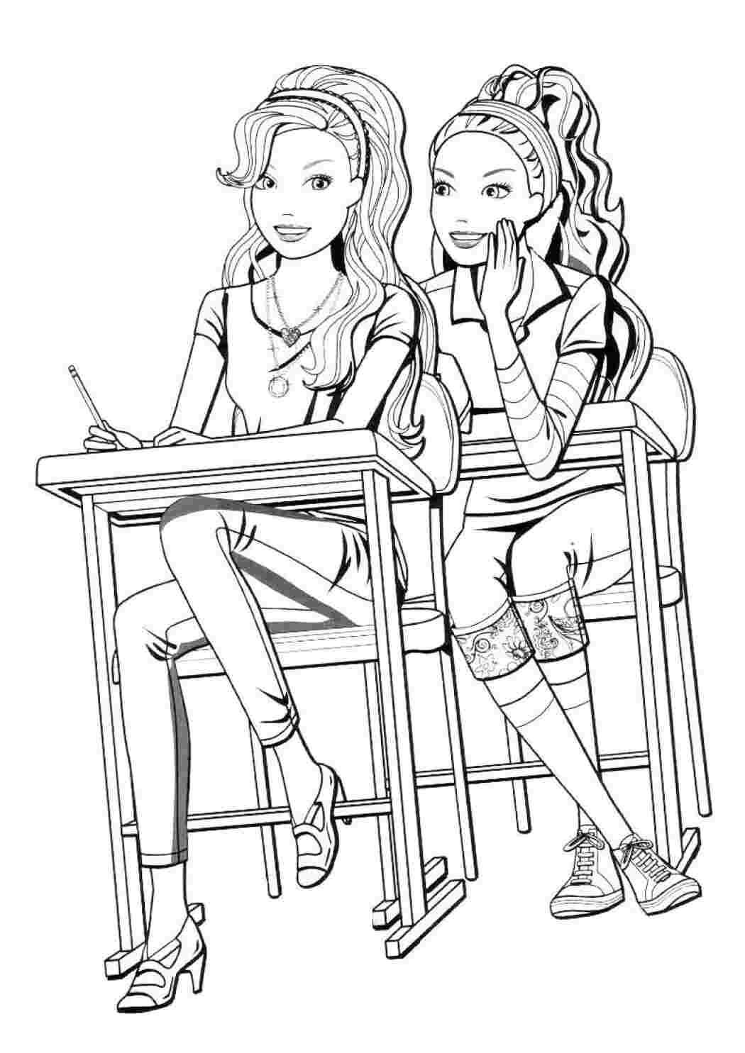 Раскраски Барби и ее подруга в школе ,девочки учатся в школе и сидят за партами,