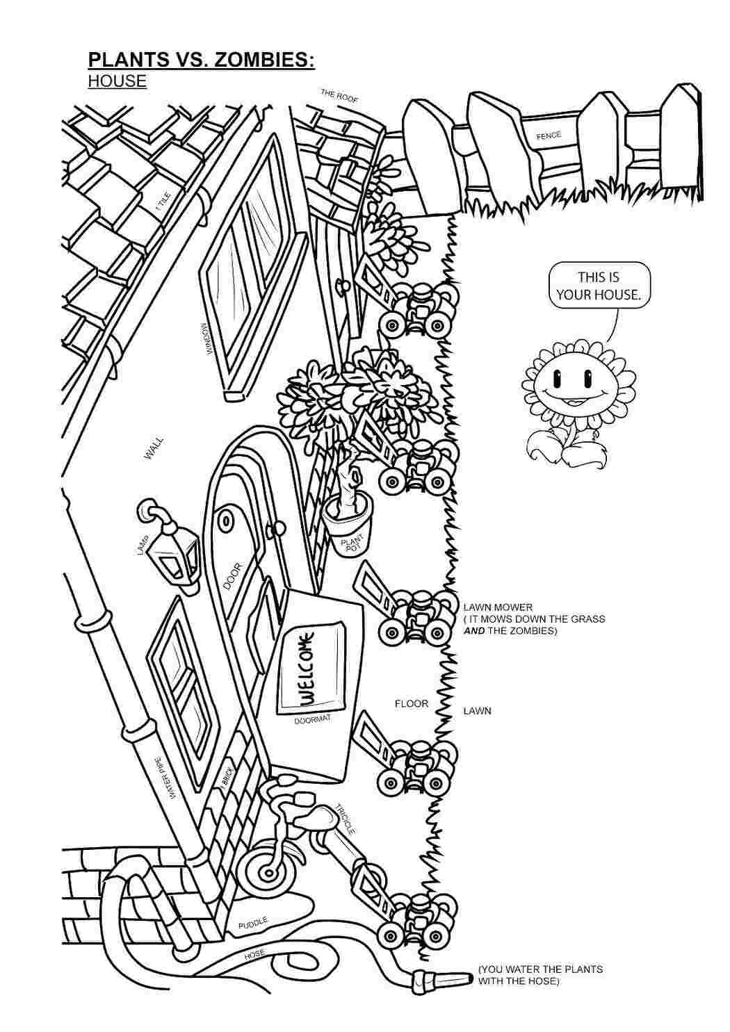 Раскраски, Крыльцо дома и растение, раскраски дом, крыльцо, растение,  забор, Улыбка подсолнуха, Валли и ева, Опасное хищное растение, Растение  ест зомби, Растение против замби.