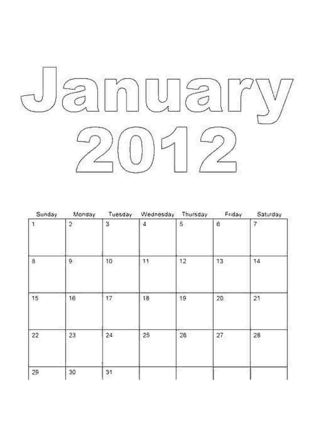 Раскраски Январь 2012 Календарь Календарь