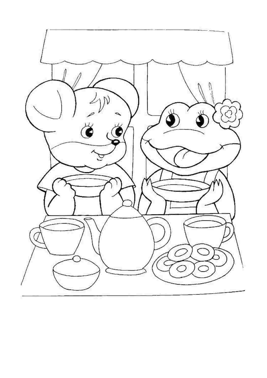 Раскраски Мышонок и лягушка пьют чай сказка теремок теремок, сказки