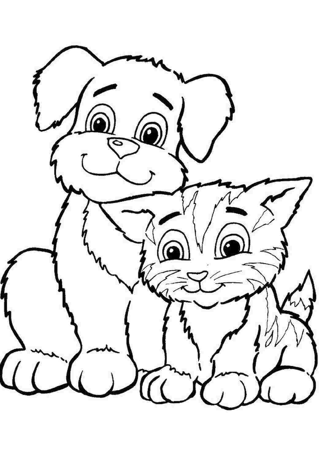Раскраски Полосатый котёнок и щенок Коты и котята Животные, собака, кот