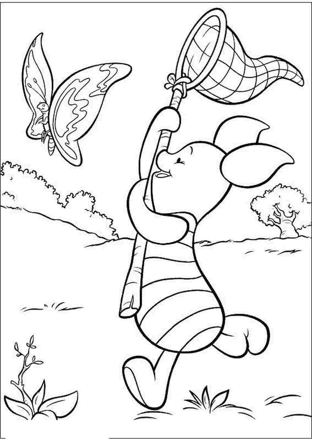 Раскраски Пятачок ловит бабочку Персонаж из мультфильма Дисней, Винни Пух
