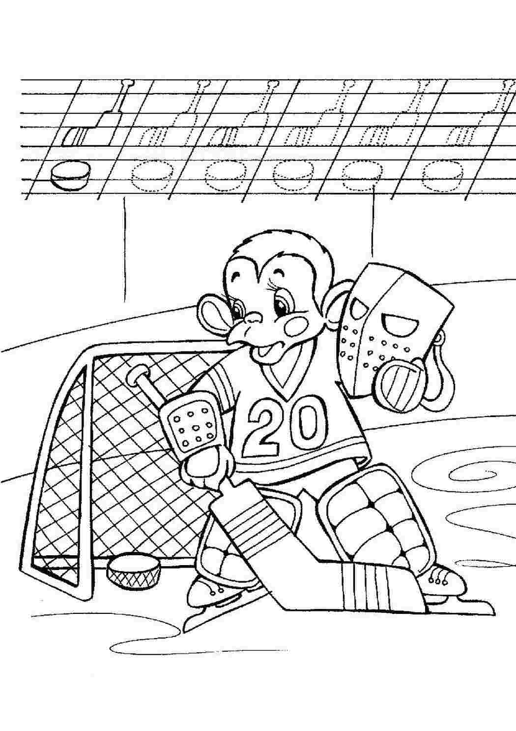 Раскраски Обезьянка играет в хоккей прописи Обезьянка, хоккей, шайба, лёд