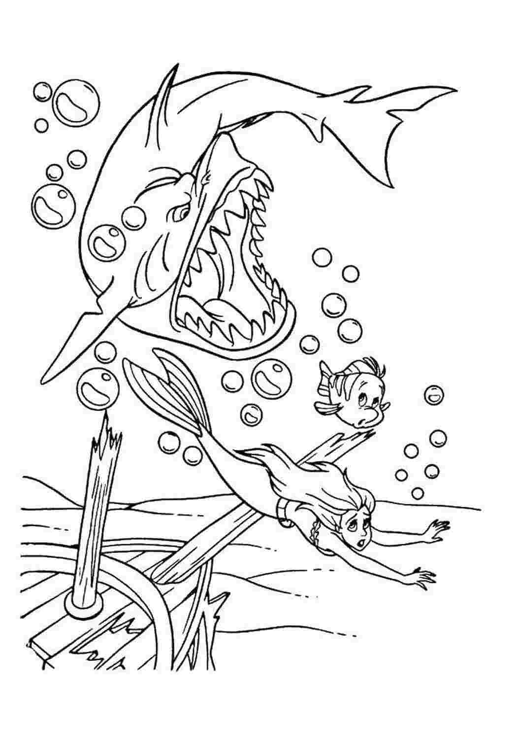 Раскраски Ариэль и рыбка флаундер убегают от акулы русалочка ариэль Ариэль, русалка