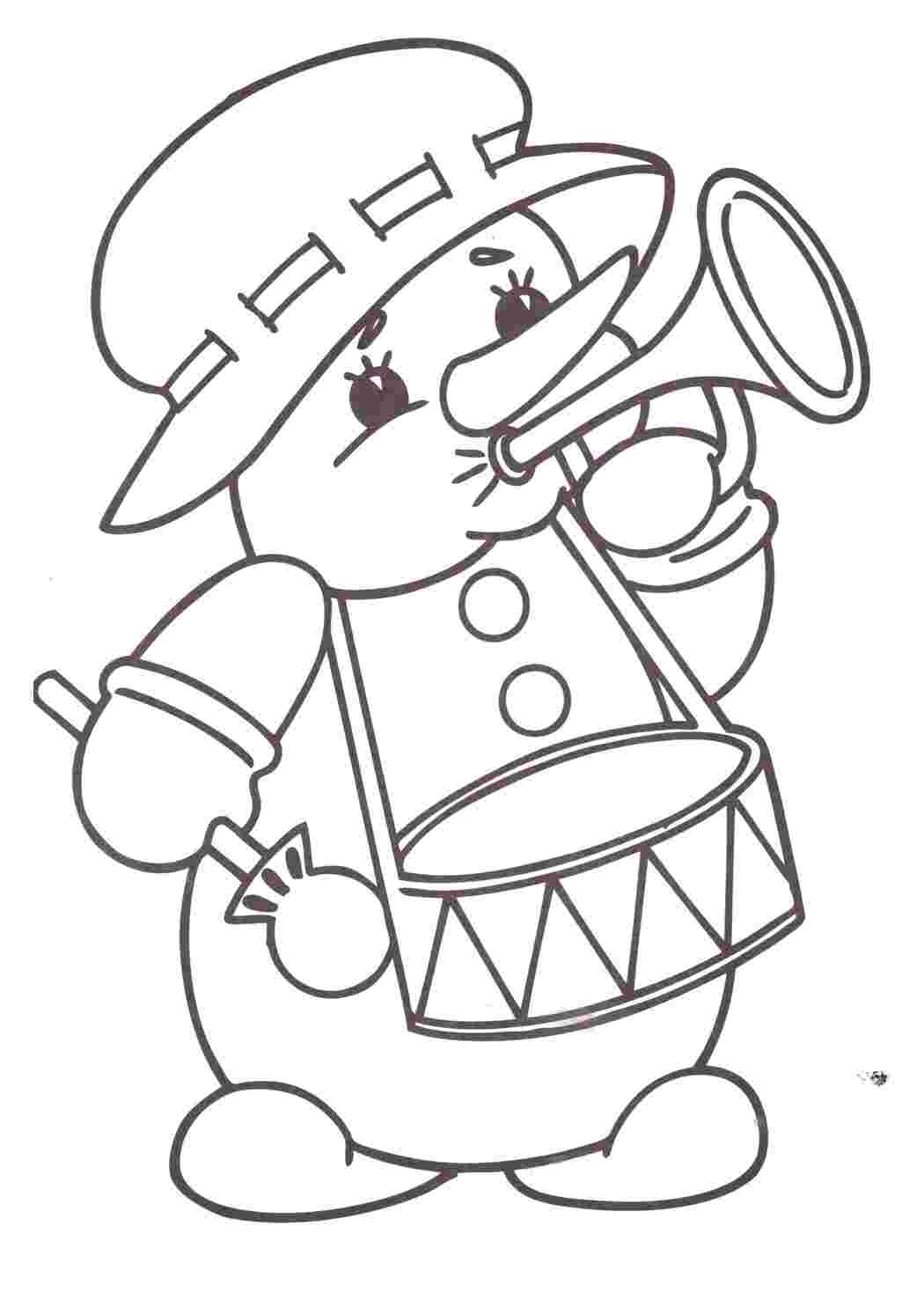 Раскраски снеговик, музыкальный снеговик, барабан, музыкальная труба, снеговик в шляпе новогодние новогодние