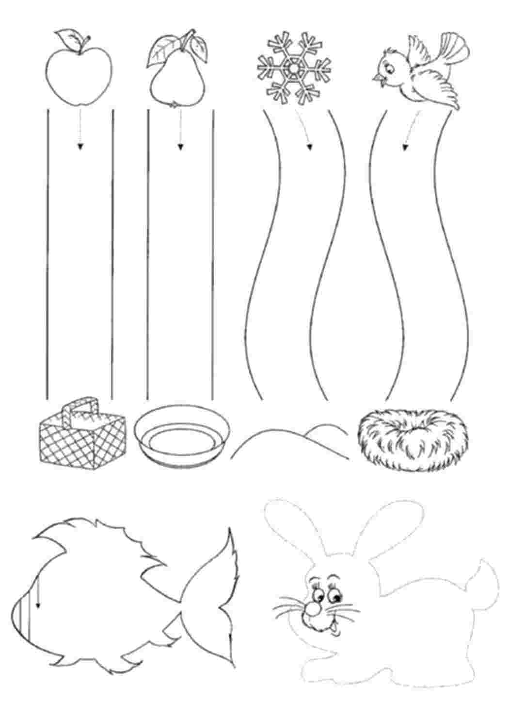 Дорожки-штриховки, яблоко, груша, снежинка, птица, рыбка, заяц  Раскраски скачать онлайн