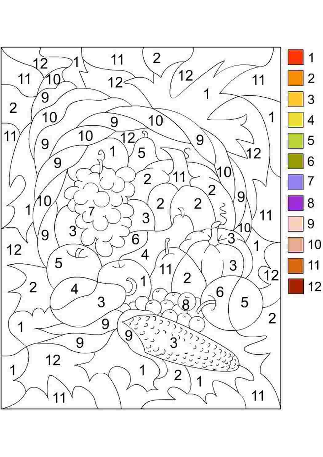 Обучающие раскраски, Раскраски по номерам и значкам, Раскраска, Раскраски по номерам, Овощи и фрукты, Кукуруза, Тыква, Виноград.jpg