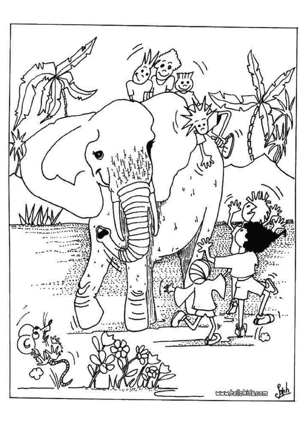 Раскраски Дети и слон Дикие животные дети, слон, мышка