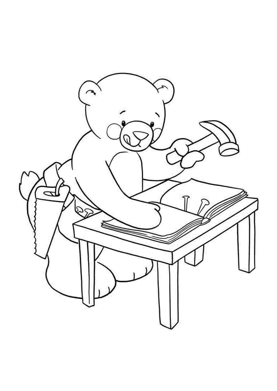 Раскраски картинки на рабочий стол онлайн Мишка строитель, книга, стол, молоток, пила на поясе, мешок с гвоздями Раскраски для мальчиков