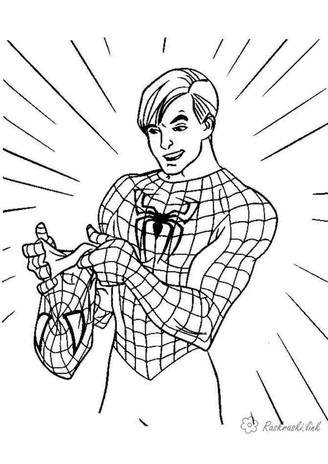 Раскраски раскраска человек паук надевает маску. супергерои Раскраски Супергерои 