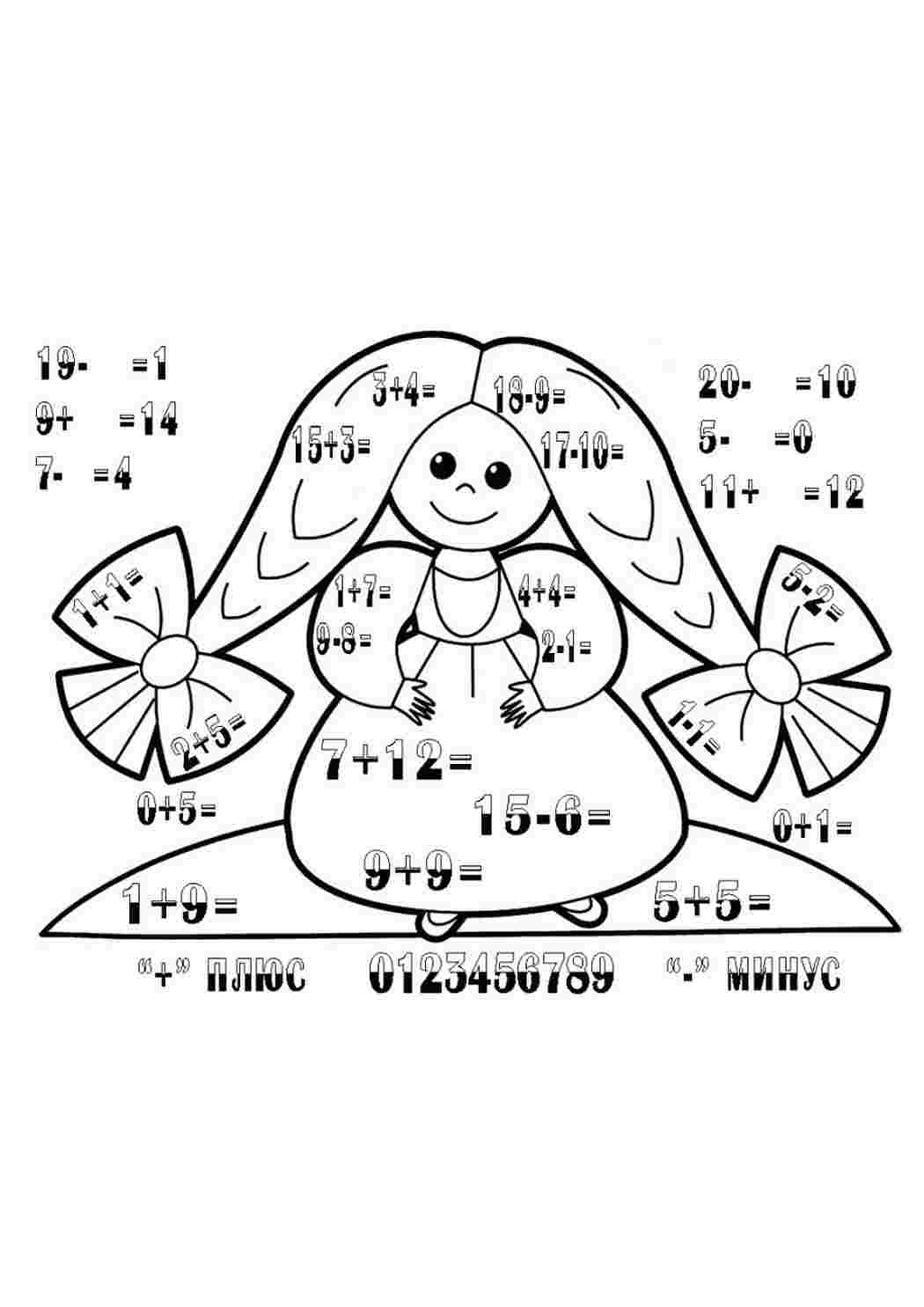 Раскраски математические раскраски для дошкольников, обучающие раскраски, реши примеры, девочка Раскраски Математические раскраски  для дошкольников 