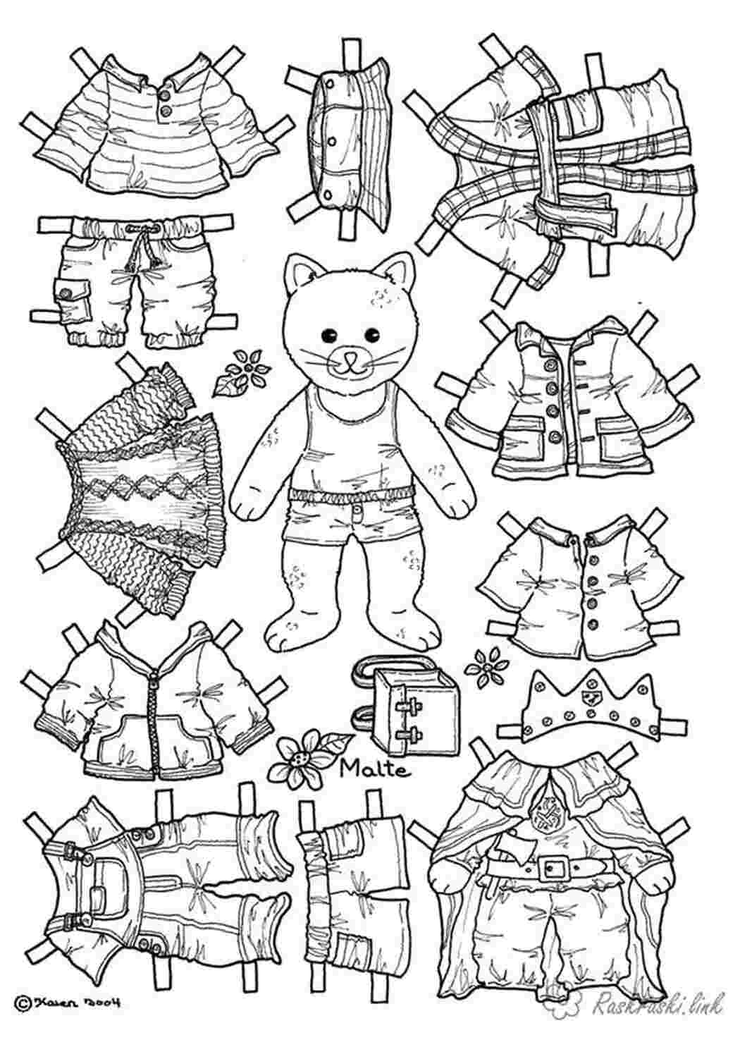 Раскраски куклу, Раскраска бумажная Кукла с одеждой для вырезания одень куклу.