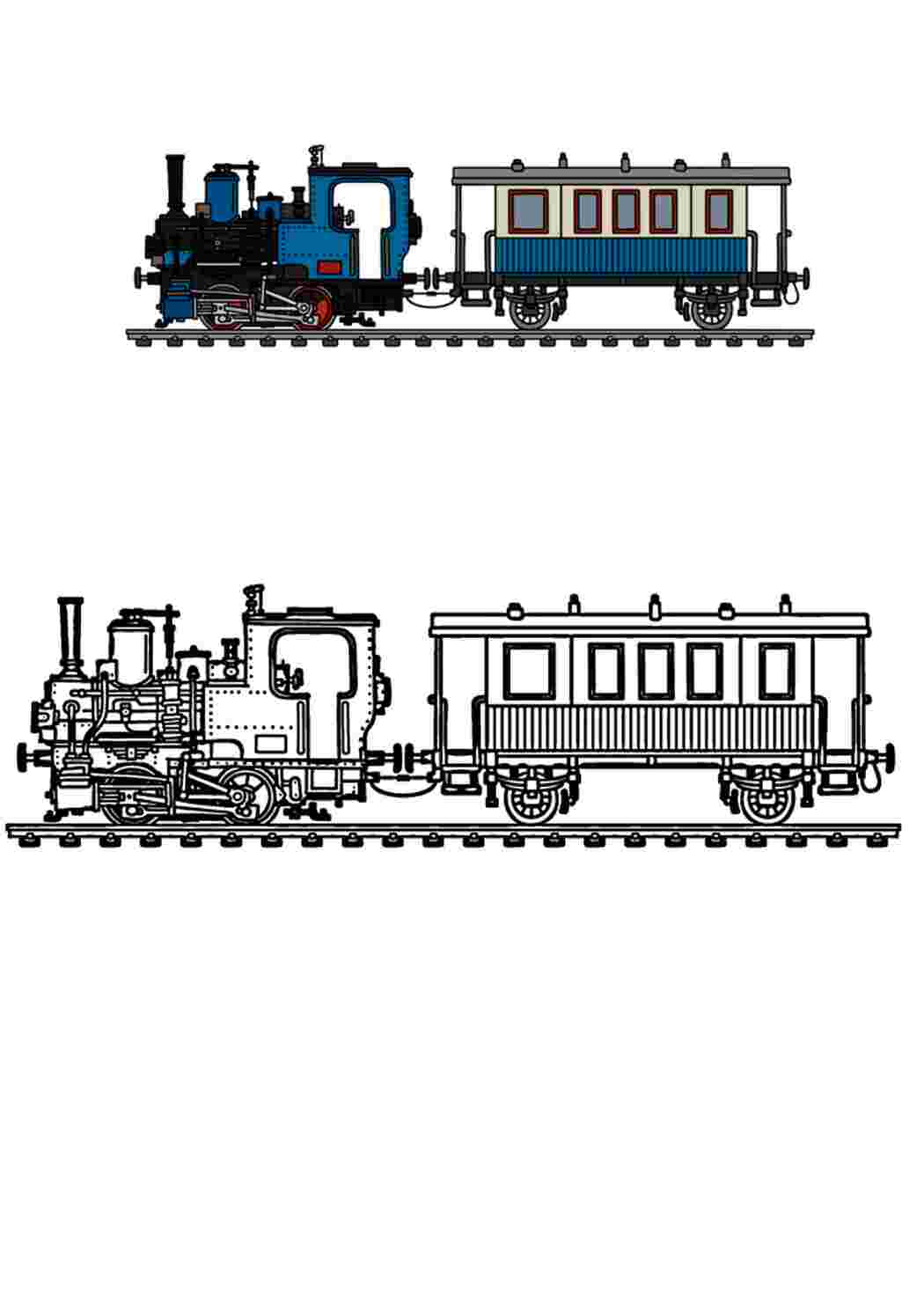 Детализированная раскраска поезда с образцом разукрашивания Раскраски скачать и распечатать бесплатно.