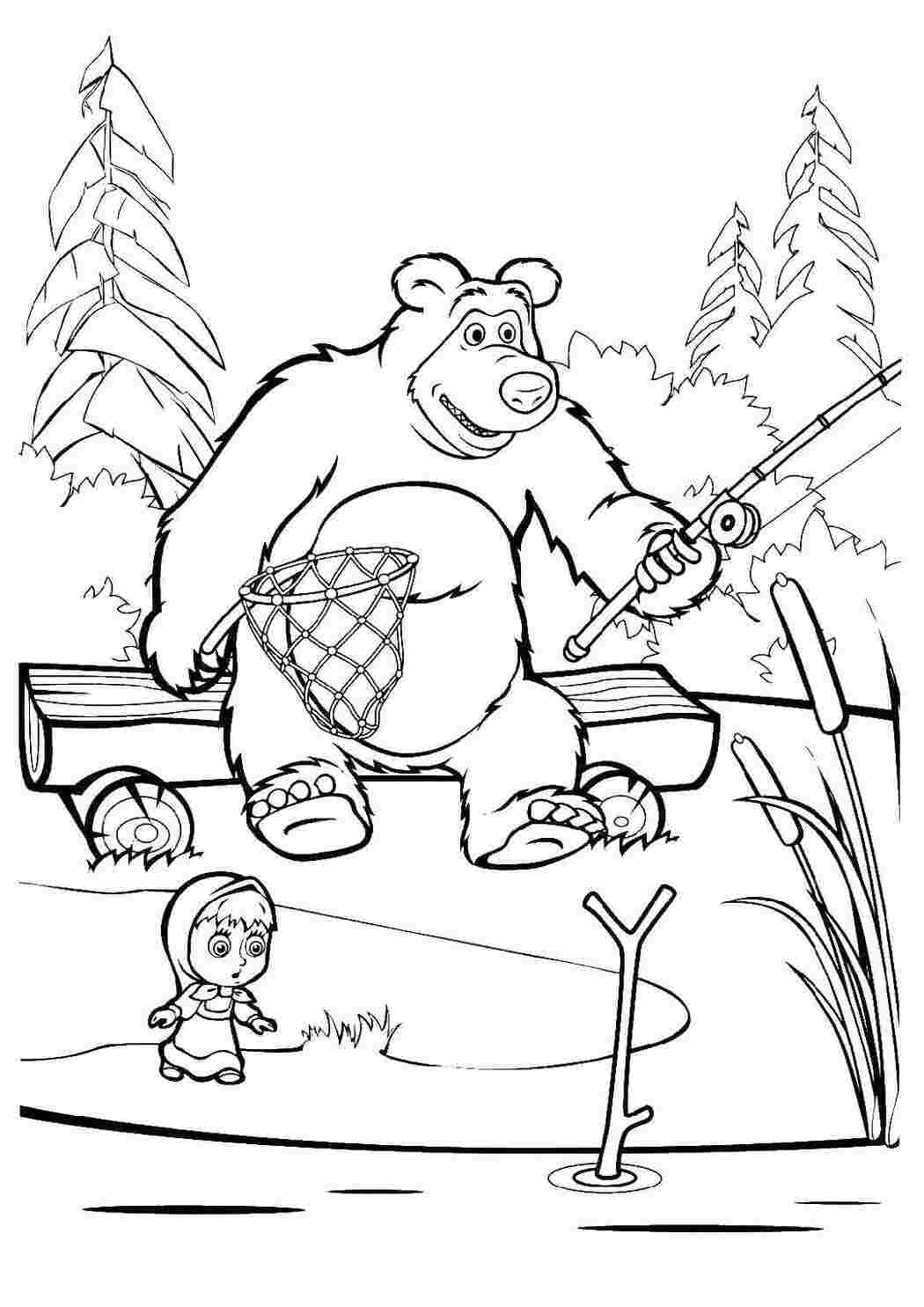Раскраски Раскраски медведь, медведица, медвежонок  Маша и медведь на рыбной ловле