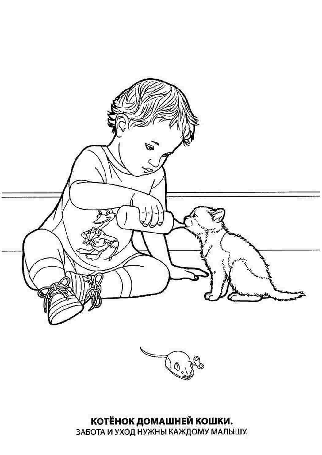 Раскраски Мальчик кормит котенка с бутылочки котята и щенки кормят, котенок, мальчик, мышка