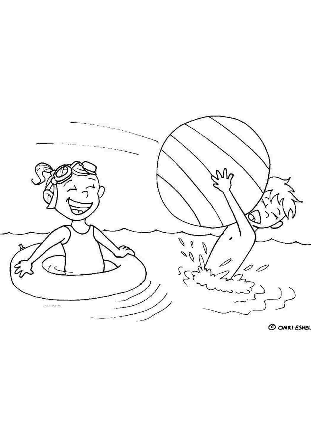 Раскраски Дети играют с мячом в воде Летние развлечения море, вода, дети, мяч