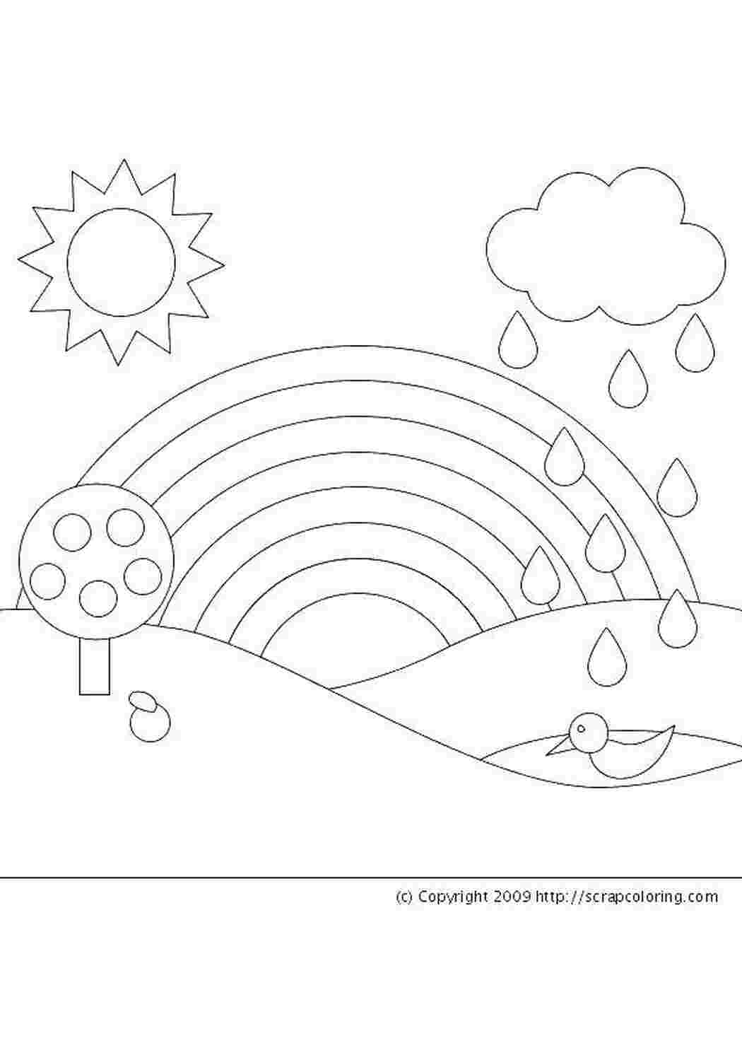 Раскраски Радуга с солнцем и дождь Радуга радуга, дождь, солнце, дерево, уточка