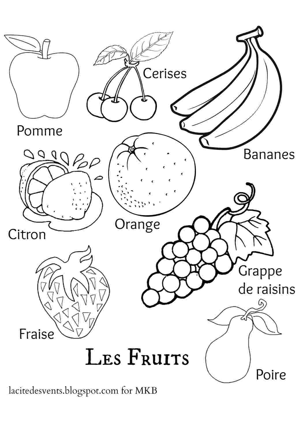 Раскраски Разные фрукты и ягоды на французском фрукты фрукты, ягоды, французский язык