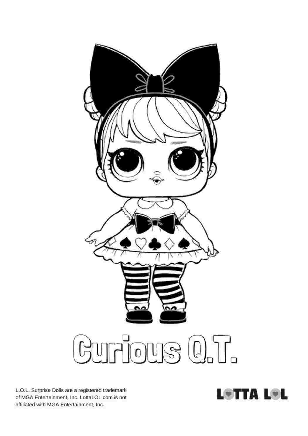 Раскраска кукла Curious Q.T, раскраски куклы лол распечатать А4, раскраска кукла лол в платье с мастями карт, раскраска кукла лол в полосатых чулках, раскраска кукла с большим бантом на голове