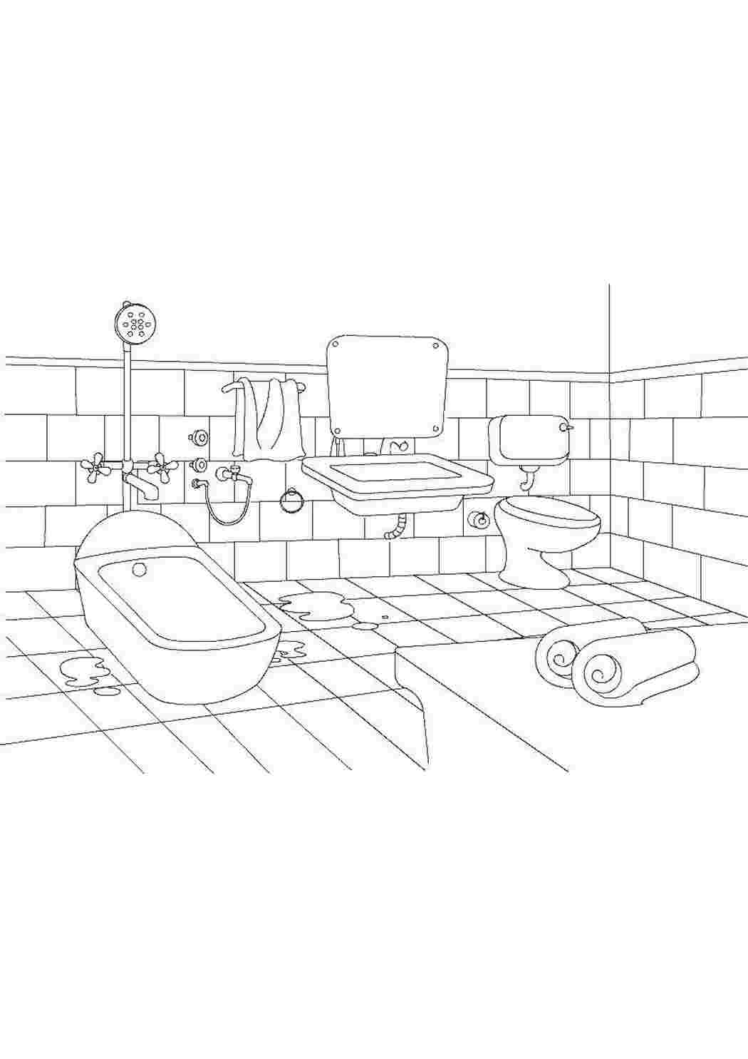 Раскраски Ванная комната Ванная комната ванная комната, ванна, туалет