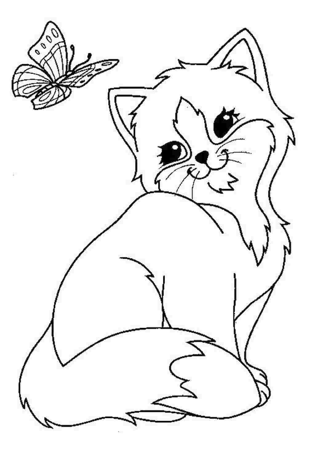 Раскраски Кошечка с бабочкой Коты и котята кошечки, коты, бабочки