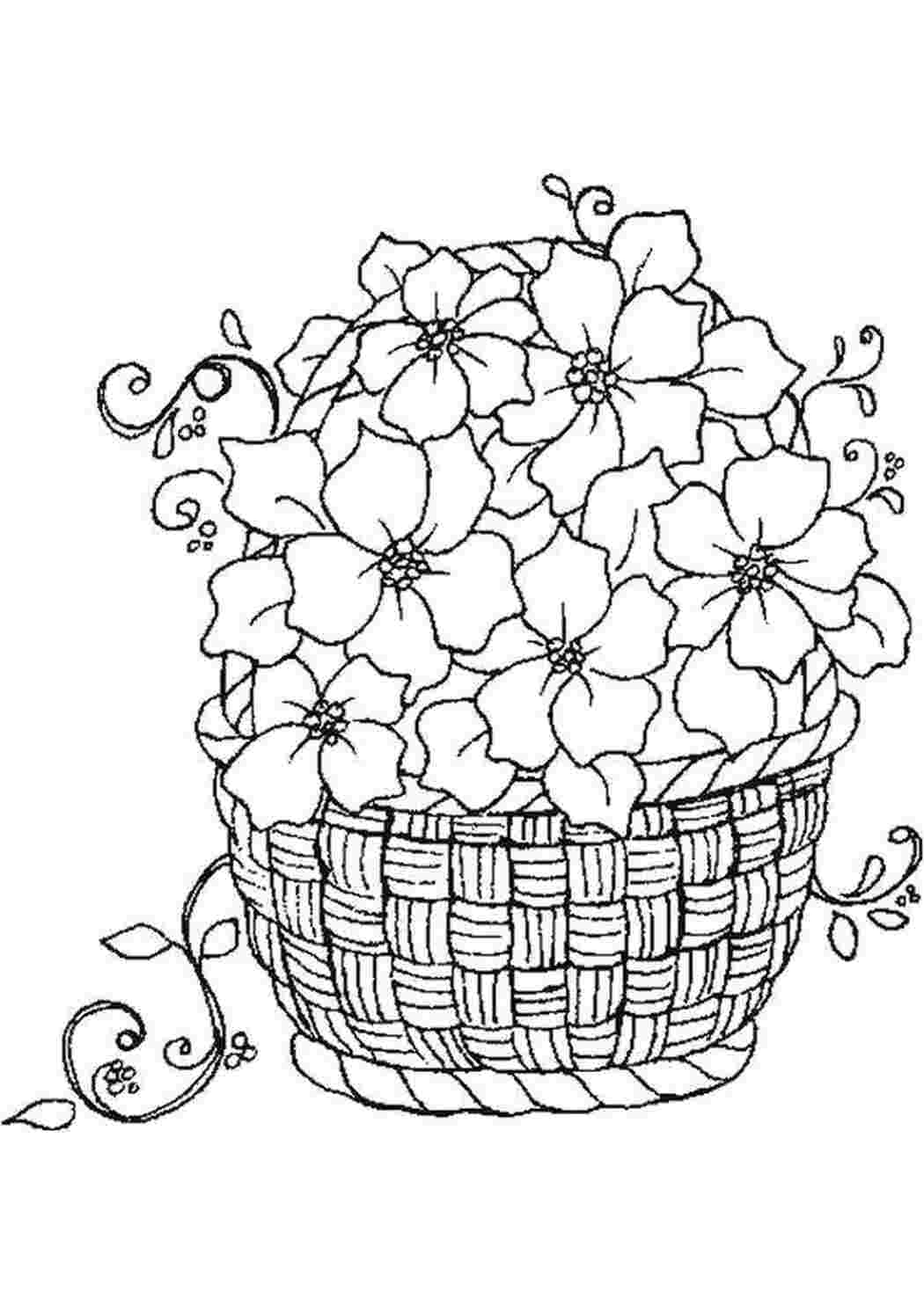 Раскраски Большая корзина с цветами цветы Цветы, букет, корзина