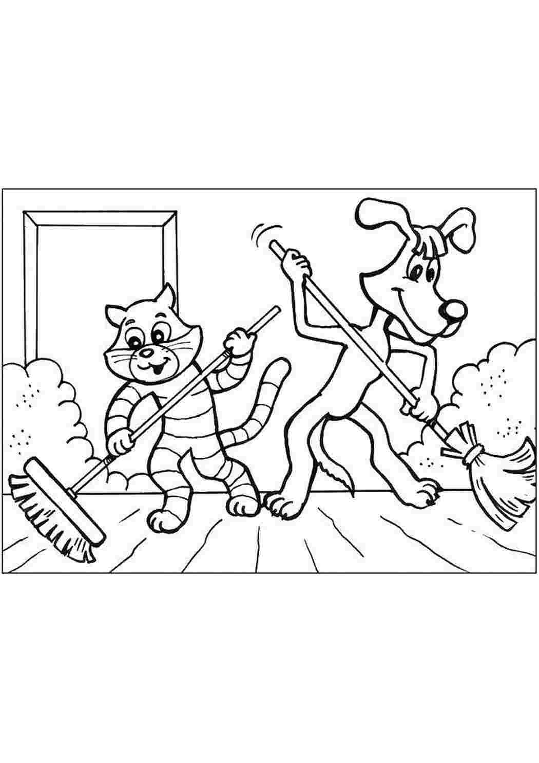 Раскраски Кот матроскин , пес шарик подметают дом раскраски простоквашино кот Матроскин , пес Шарик и дядя Федор