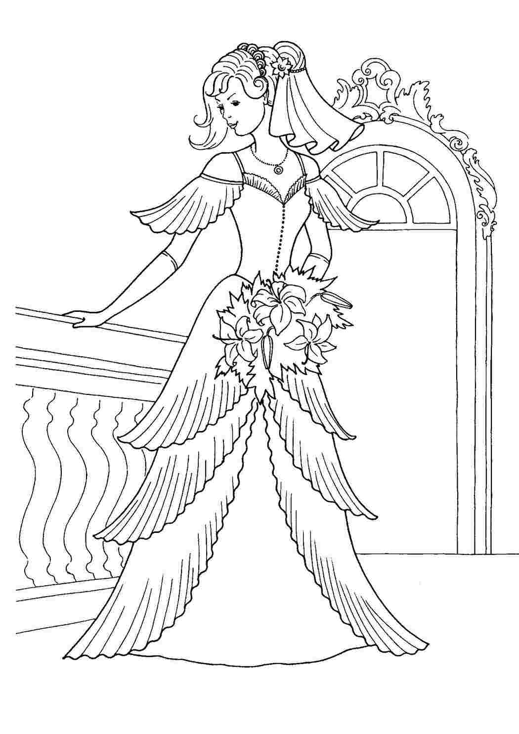 Раскраски Принцесса в платье на балконе Платья принцесса, балкон, цветы