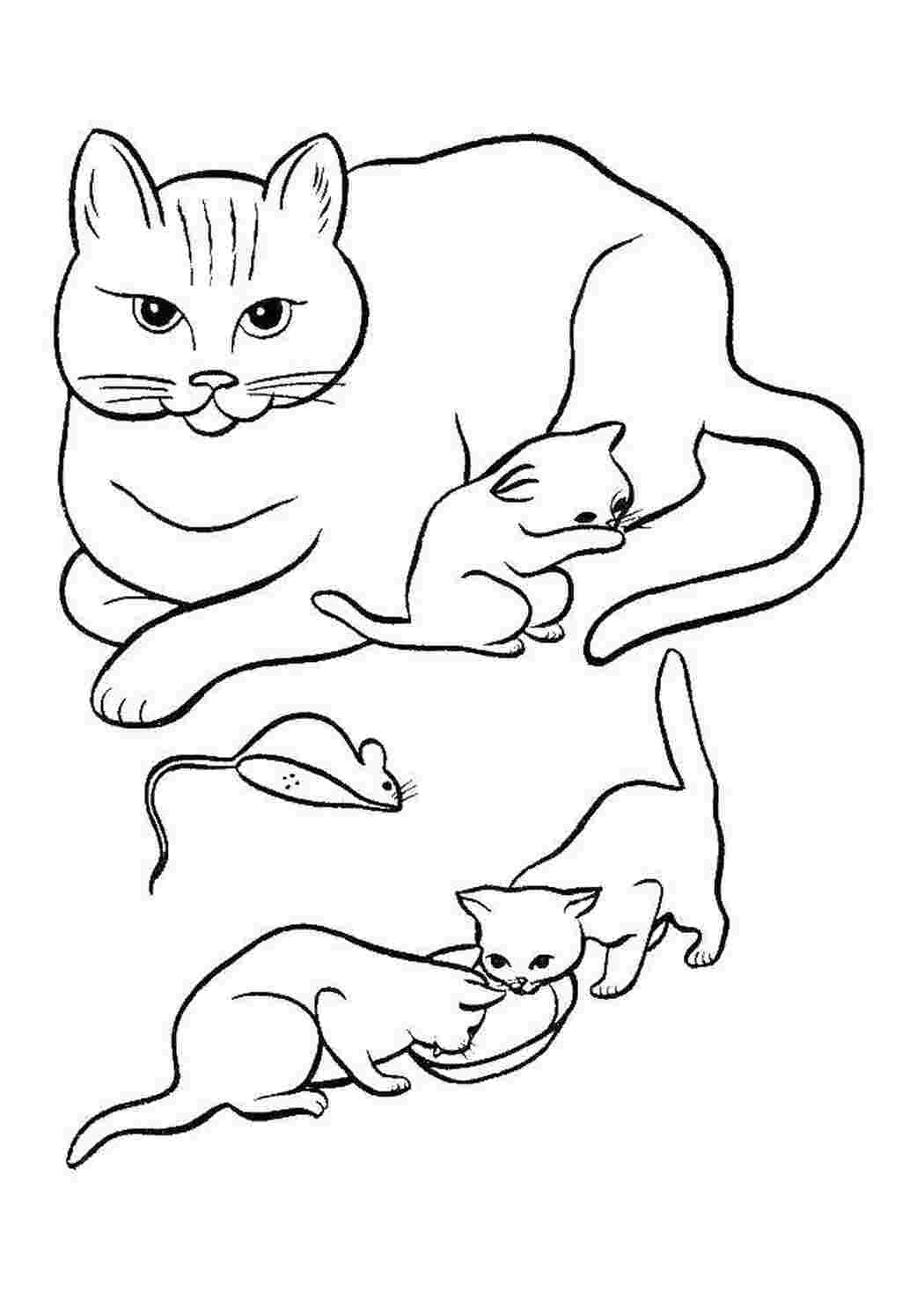 Раскраски Кошечка с маленькими котятами Коты и котята маленькие котята, мышка, кошка