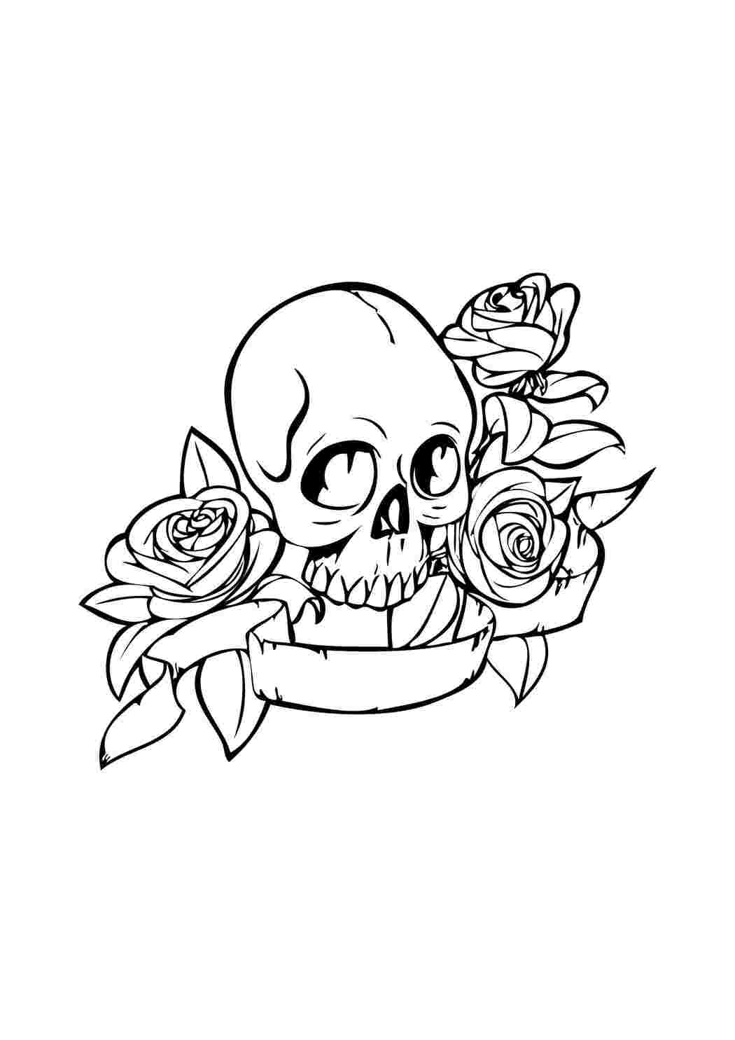 Раскраски Череп с тремя розами Череп череп, розы